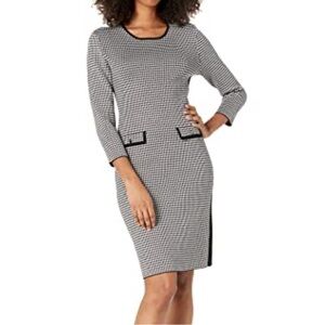 DKNY Houndstooth Sheath Dress Long Sleeve Monochrome Work Office Wear NWOT